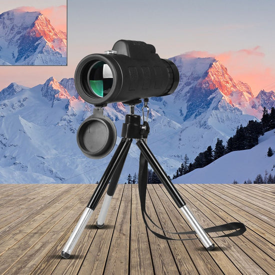 Bucciato compatible monocular telescope with zoom, compass, phone clip, and tripod, showing the compact scope and accessories.