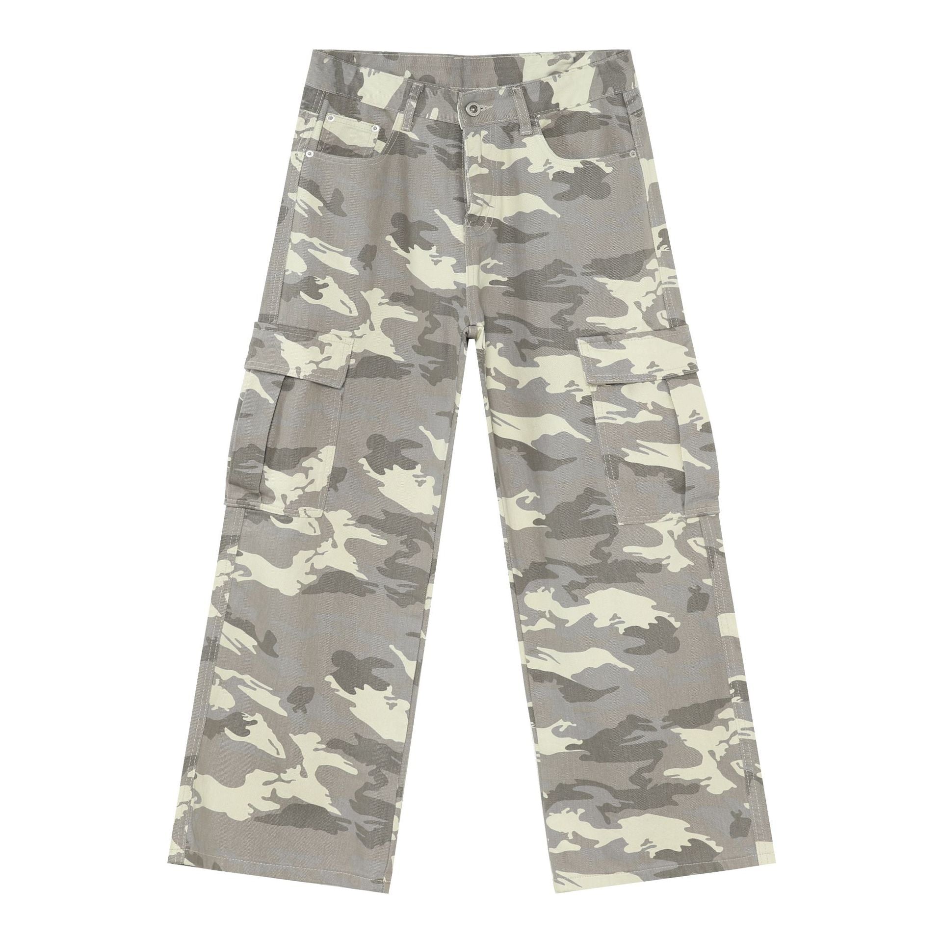 Mens Retro Camo Cargo Denim Jeans With Big Pockets