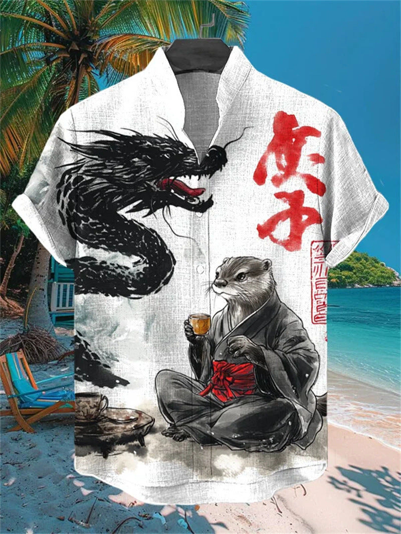 Men's Printed Short-Sleeve Stand-Up Collar Top