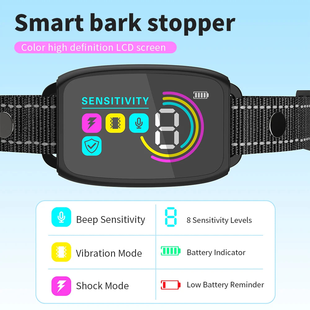 Intelligentes, automatisches Antibellhalsband für Hunde, wiederaufladbar, mit HD-Digitalanzeige, IP67 wasserdicht.