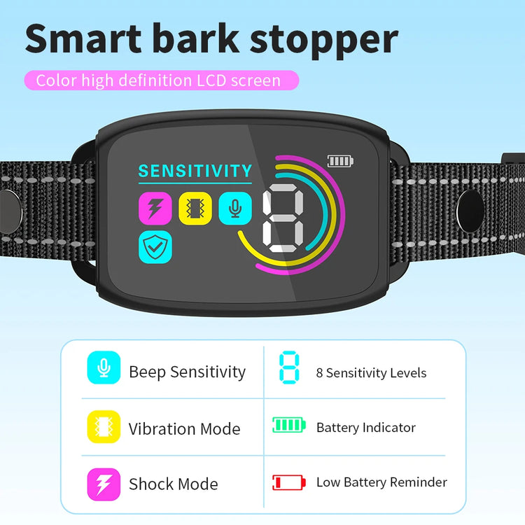 Rechargeable Bucciato anti-barking dog collar with HD digital display, waterproof design, and automatic bark stopping for pet training.