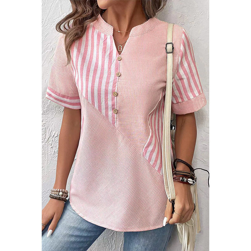 Women's Plus-Size Asymmetrical Striped Patchwork Cotton-Linen Top