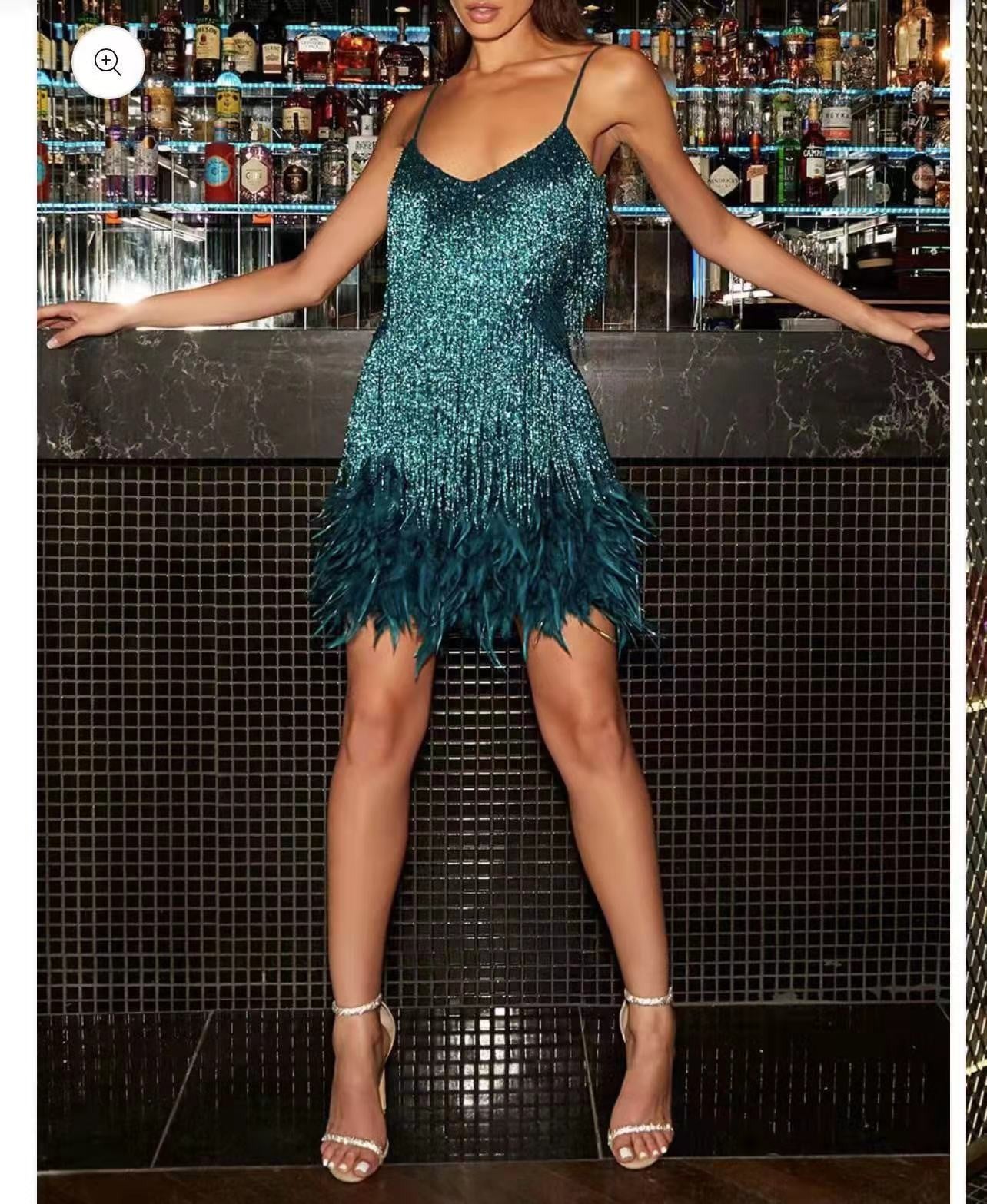 Tassel Sequins Feather Summer Mini Dress Women V Neck Spaghetti Strap Stitching Dresses Female Elegant Evening Party Club Dress