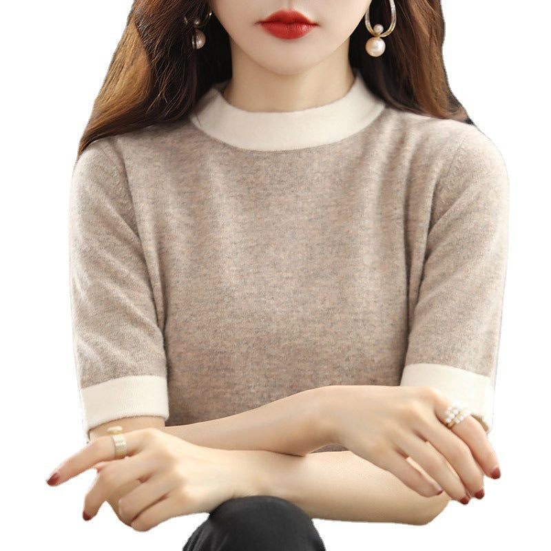 Half turtleneck wool knitted top with short sleeves, loose fit, in neutral colors, perfect for casual or layered winter outfits.