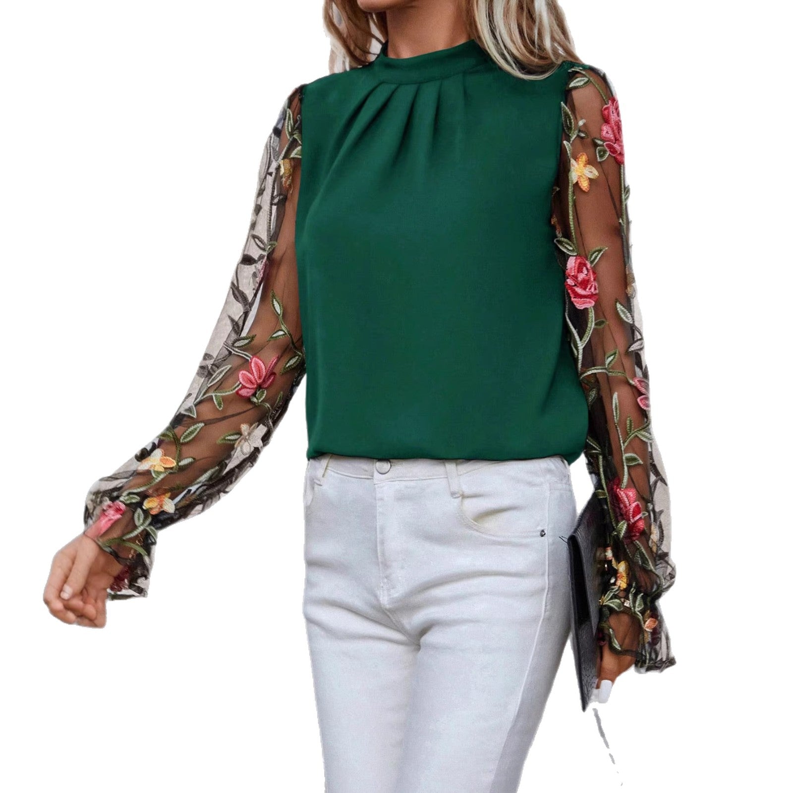 Women's Half-Neck Blouse With Patchwork 3D Embroidered Mesh Fabric