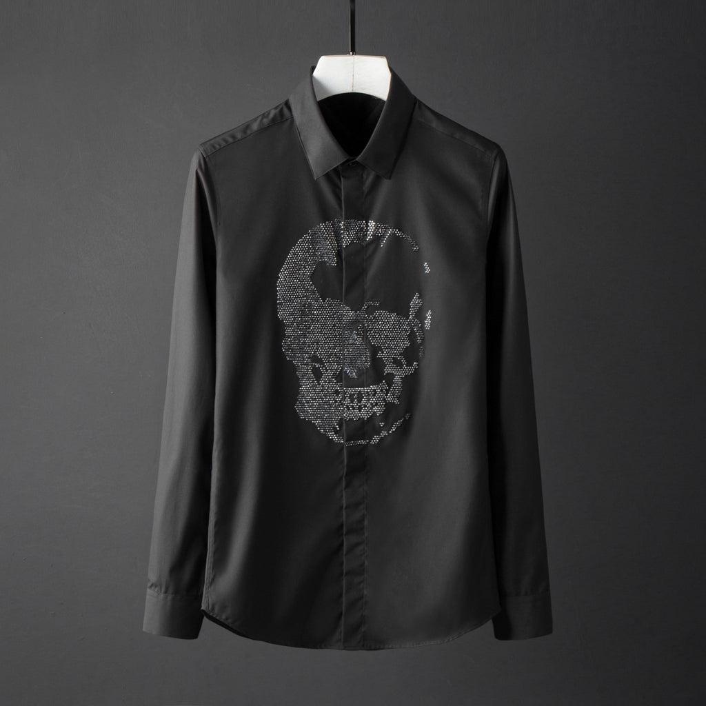 Herrenhemd mit Kristall-Diamant-Totenkopf-Motiv, langärmelig