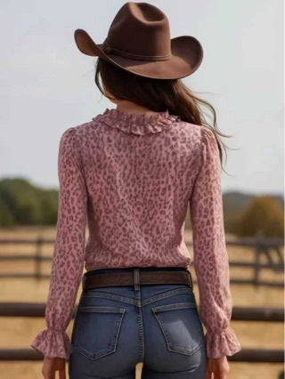 Leopard-print Chiffon V-neck Long-sleeve Shirt With Ruffled Lace Trim