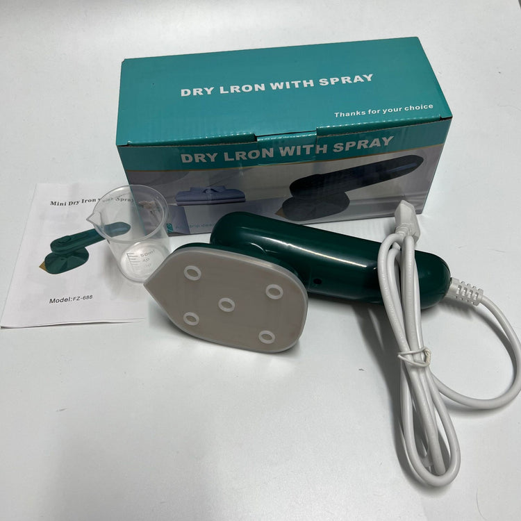 Handheld portable garment ironing machine with steam, compact electric mini iron for travel and household use, black and silver design.