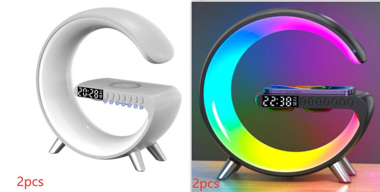 G Shaped LED Lamp Bluetooth speaker with wireless charger, atmosphere light, app control, ideal for bedroom or home decor.