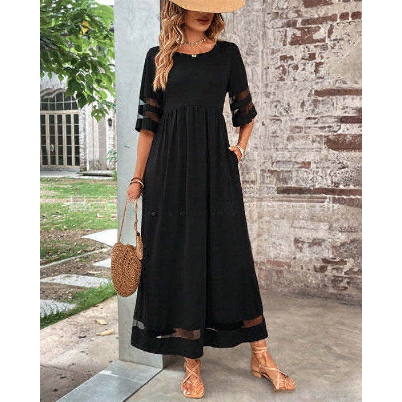 Womens Half-Sleeve Mesh Crew-Neck Patchwork Pocket Dress