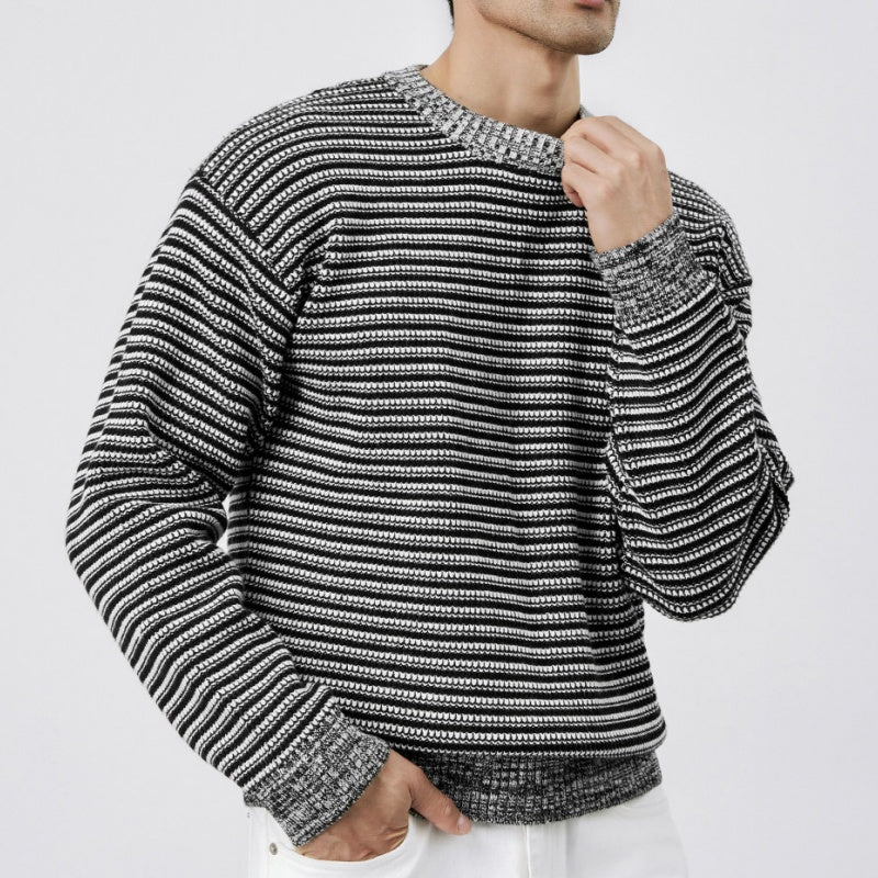 Mens Winter Warm Striped Crew-Neck Sweater