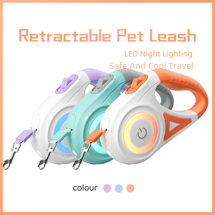 Retractable dog leash and collar set with spotlight, suitable for small to medium pets, designed for easy control and safety.