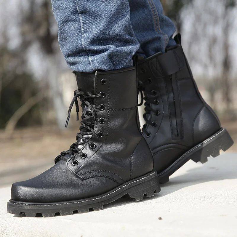 Military steel-toe work safety shoes with tactical combat boots design, featuring durable leather uppers and rugged rubber soles.