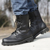 Military steel-toe work safety shoes with tactical combat boots design, featuring durable leather uppers and rugged rubber soles.