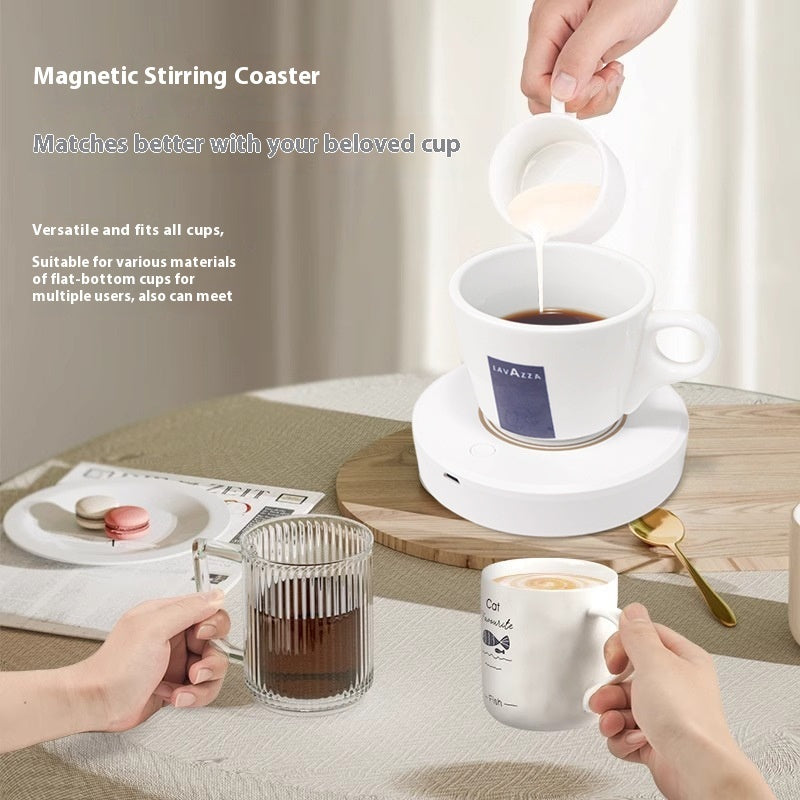 Rechargeable magnetic coffee stirrer coaster by Bucciato, featuring sleek design and automatic stirring function for smart beverage preparation.