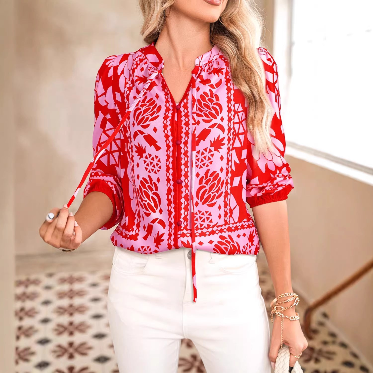 Women's New Pointed-Collar Printed Long-Sleeve Cardigan Shirt