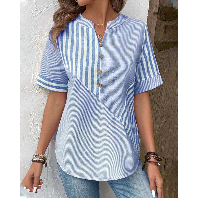 Women's Plus-Size Asymmetrical Striped Patchwork Cotton-Linen Top