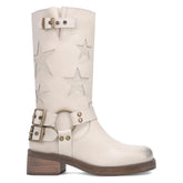 Women’s designer ankle boots with stitched belt buckle detail, low heel, and stylish design in black leather style.