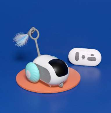 Interactive cat toy car with remote control, USB charging, and self-moving features designed for cats to chase and play.