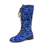Glittery round-toe mid-heel over-the-knee boots with front lacing, stylish women&