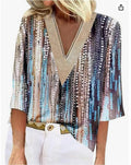 V-neck Lace-trimmed Printed Loose-fit Blouse Top