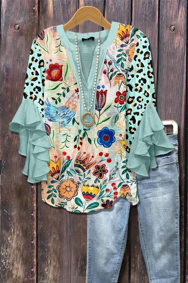 Women's Casual V-Neck T-Shirt With Digital Print And Lace Trim