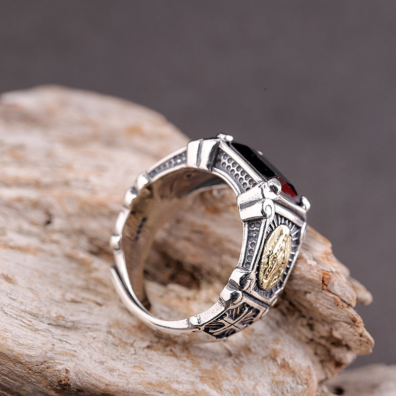 S925 Silver Jewelry Inlaid Men's Black Onyx Virgin Mary Ring