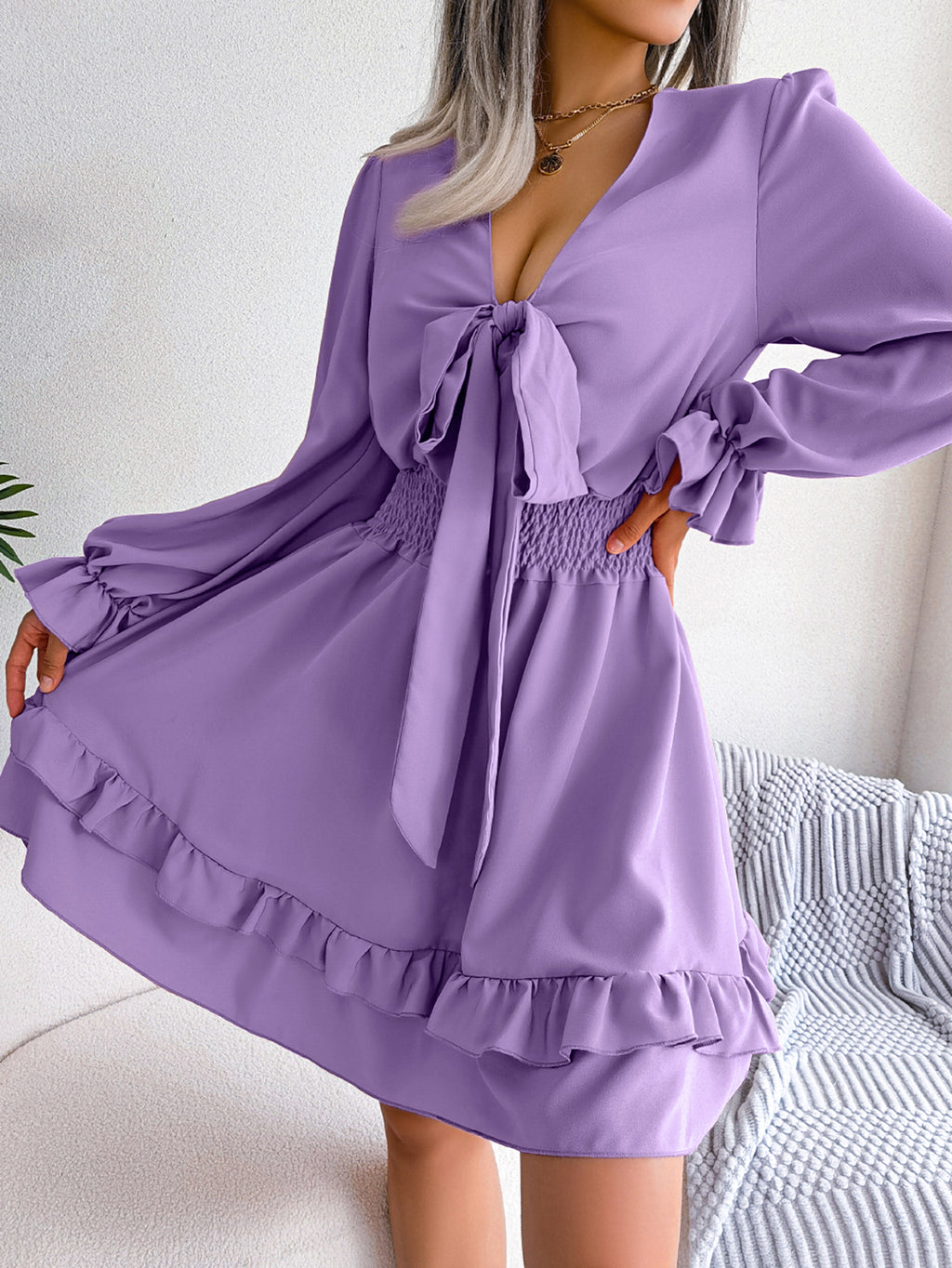 Women  Casual Tie Waist Ruffle Trim Flowy Dress