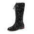 Glittery round-toe mid-heel over-the-knee boots with front lacing, stylish women&