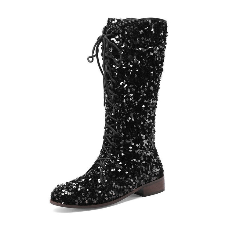 Glittery round-toe mid-heel over-the-knee boots with front lacing, stylish women&