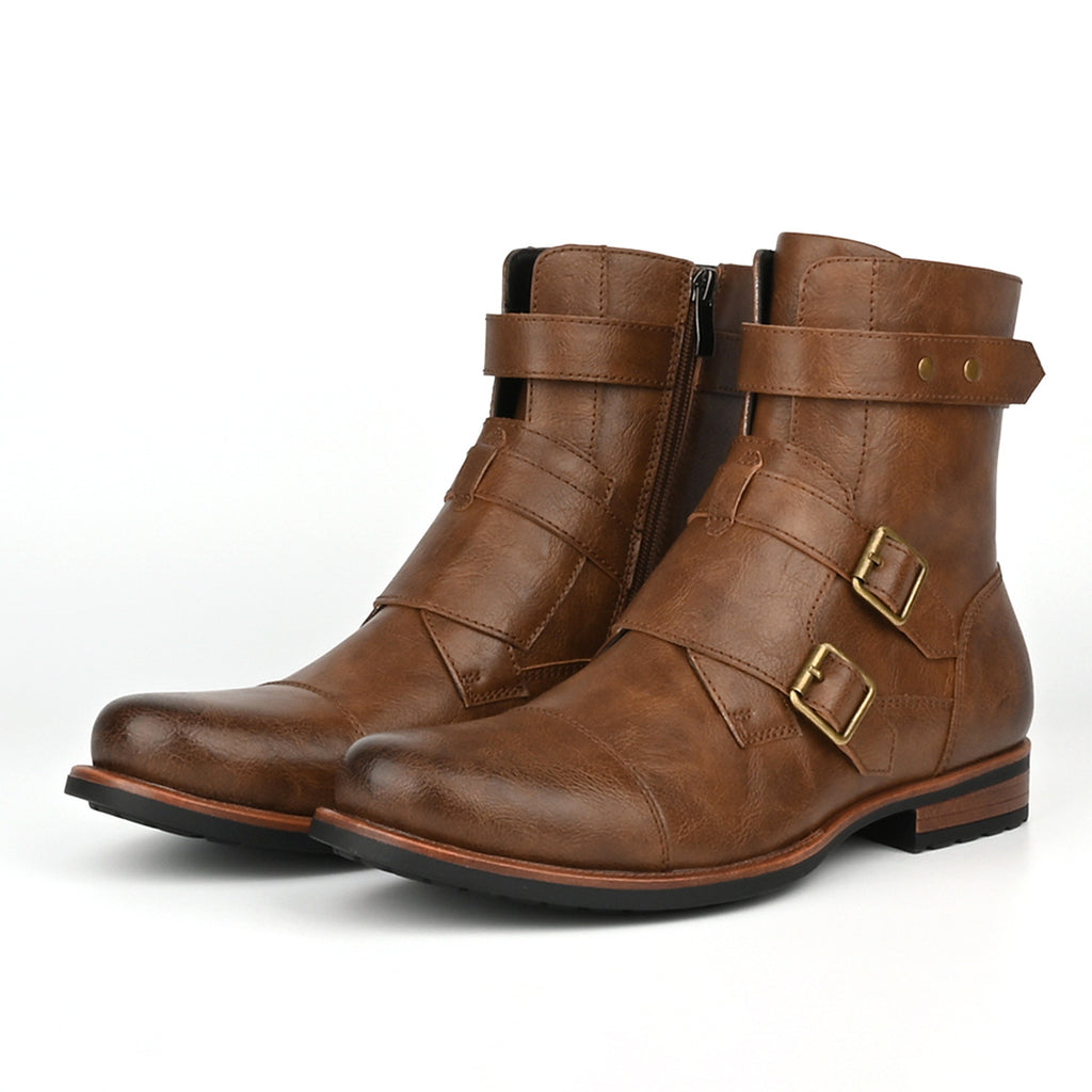 Men's Minimalist Vintage Metal-buckle Side-zip Low-heeled Denim Boots