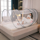 Portable foldable camping outdoor mosquito net from Bucciato, shown folded and partially unfolded for travel and outdoor protection.