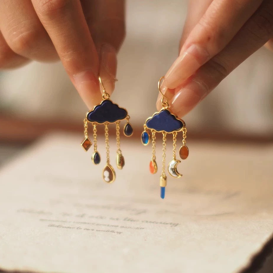 Blue Cloud Star And Moon Pendant Tassel Earrings