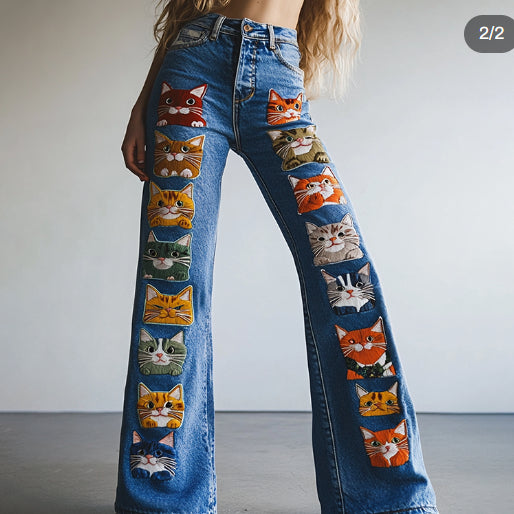Women's Pop Art Cute Cat Design Jeans