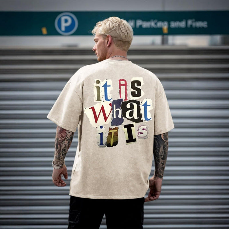 Men's Letter-Print Vintage Oversized T-Shirt