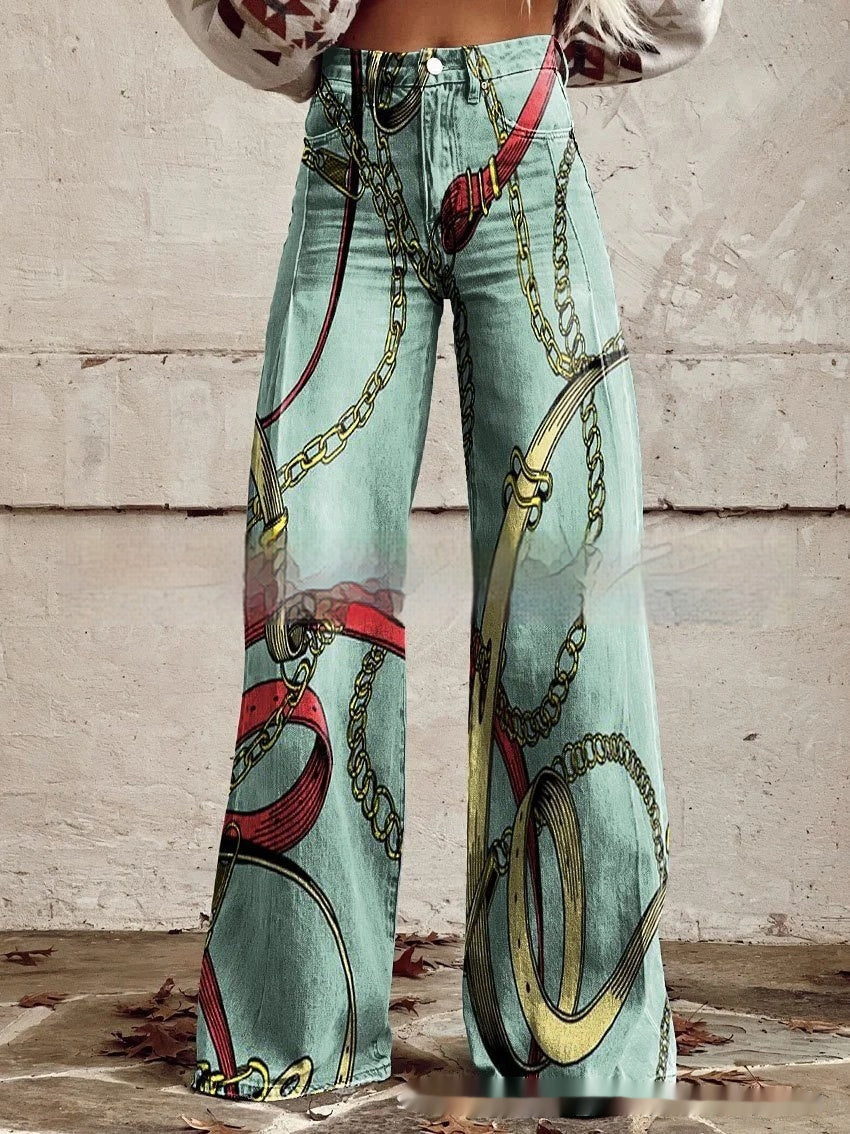 Ausgestellte Jeans, locker sitzende Denimhose mit Retro-Print