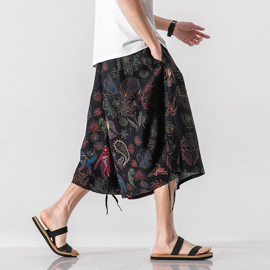Herren-Hose im chinesischen Stil mit lockerer Passform, Elefanten-, Blumen- und Radieschenmuster, Strandblumenmuster