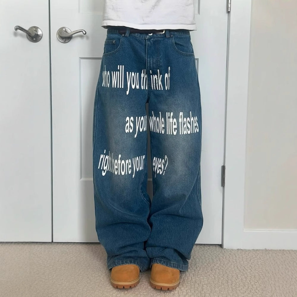 Herren-Hose mit Retro-Buchstabenprint, minimalistisch, weitem Bein