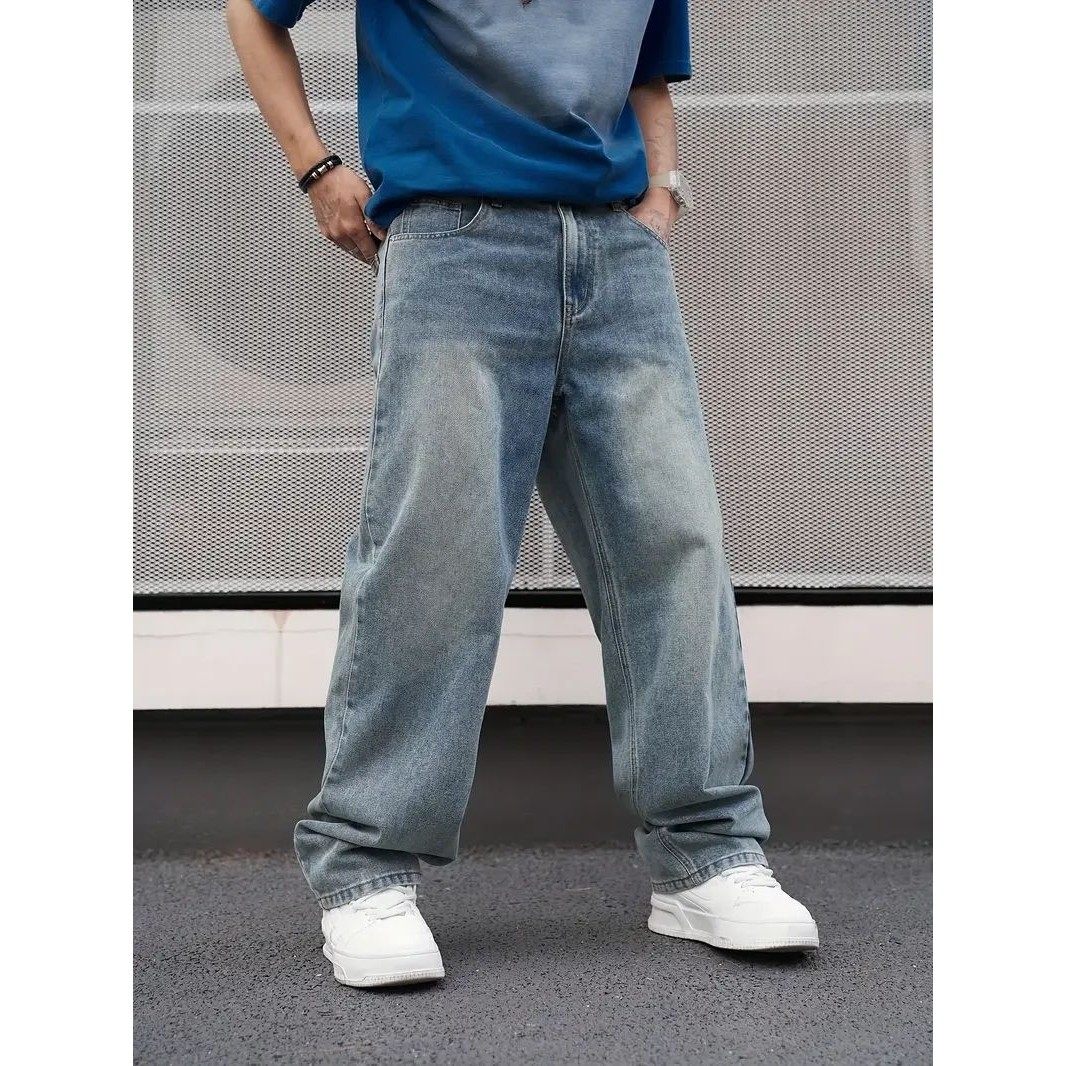Men's Casual Straight Wash Jeans - Light Blue Loose Fit Ob