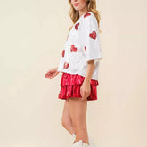 European and American round neck sequin T-shirt with half sleeves, featuring shiny sequins and festive Christmas design.
