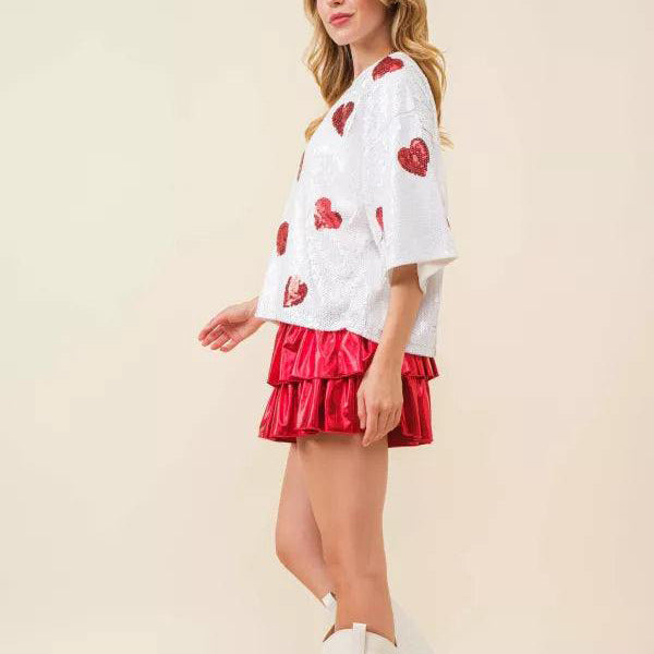 European and American round neck sequin T-shirt with half sleeves, featuring shiny sequins and festive Christmas design.
