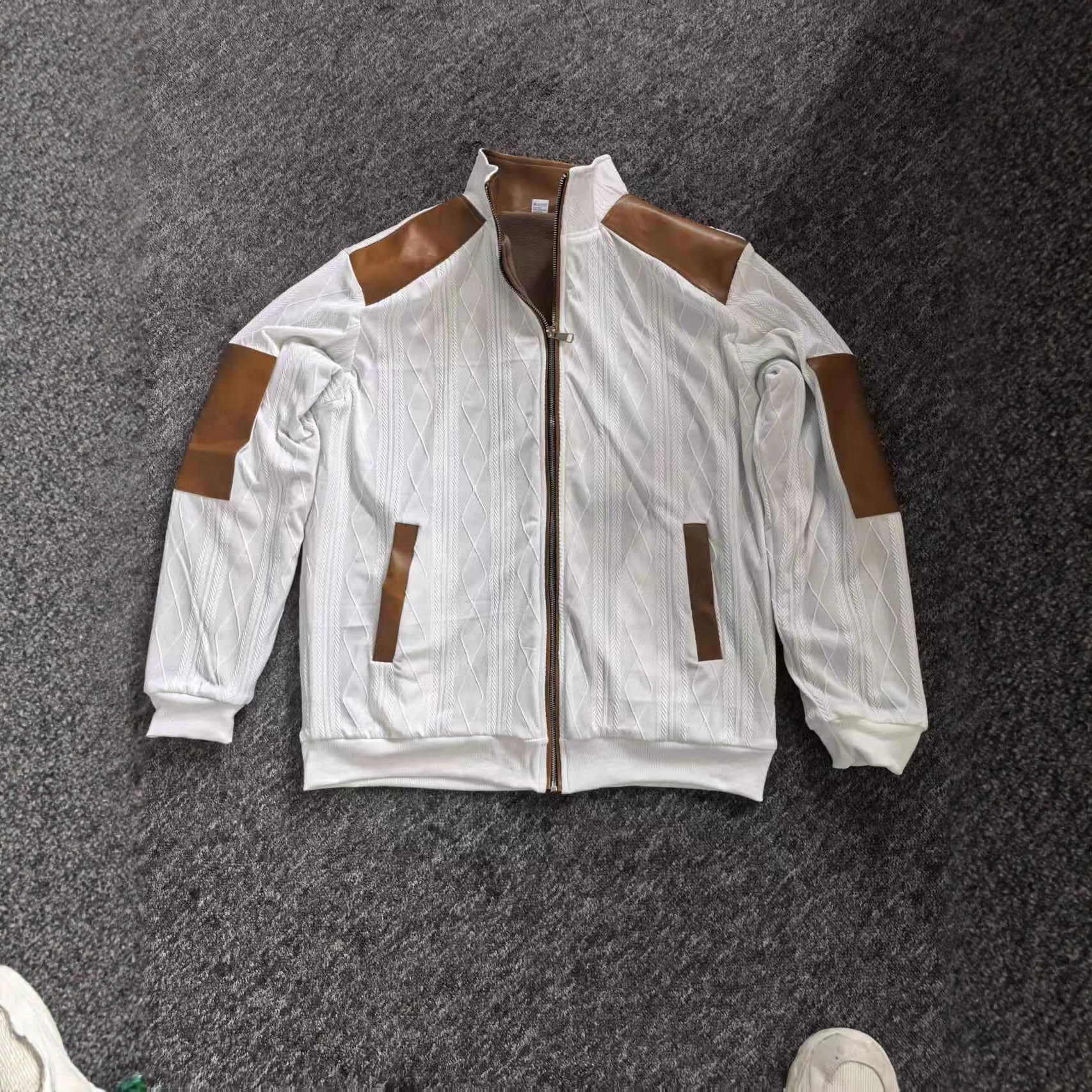 Color-block Textured Fleece-lined Zip-up Casual Jacket