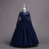Long flower girl dress for kids with floral patterns and ruffled sleeves, perfect for special occasions and formal events.