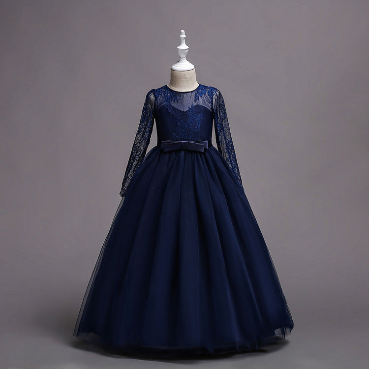 Long flower girl dress for kids with floral patterns and ruffled sleeves, perfect for special occasions and formal events.
