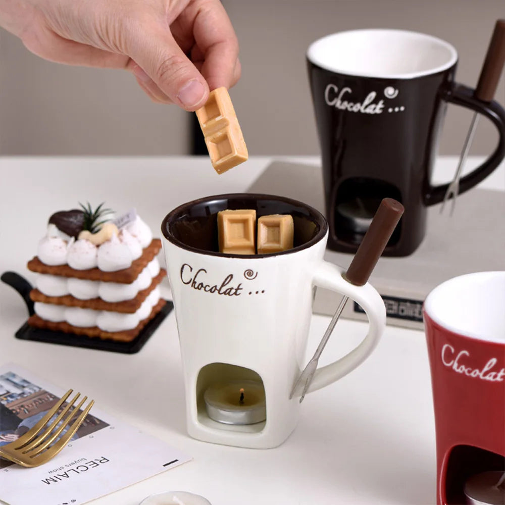 Mini fondue mug set with small chocolate, cheese, and ice cream pots for melting and serving desserts, by Bucciato.