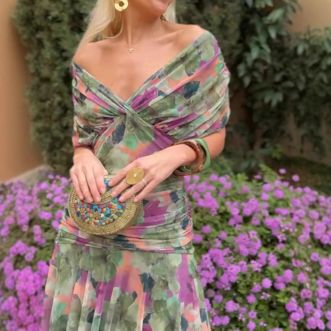 Europäisches und amerikanisches Frühlings-/Sommerkleid aus bedrucktem Mesh-Gewebe