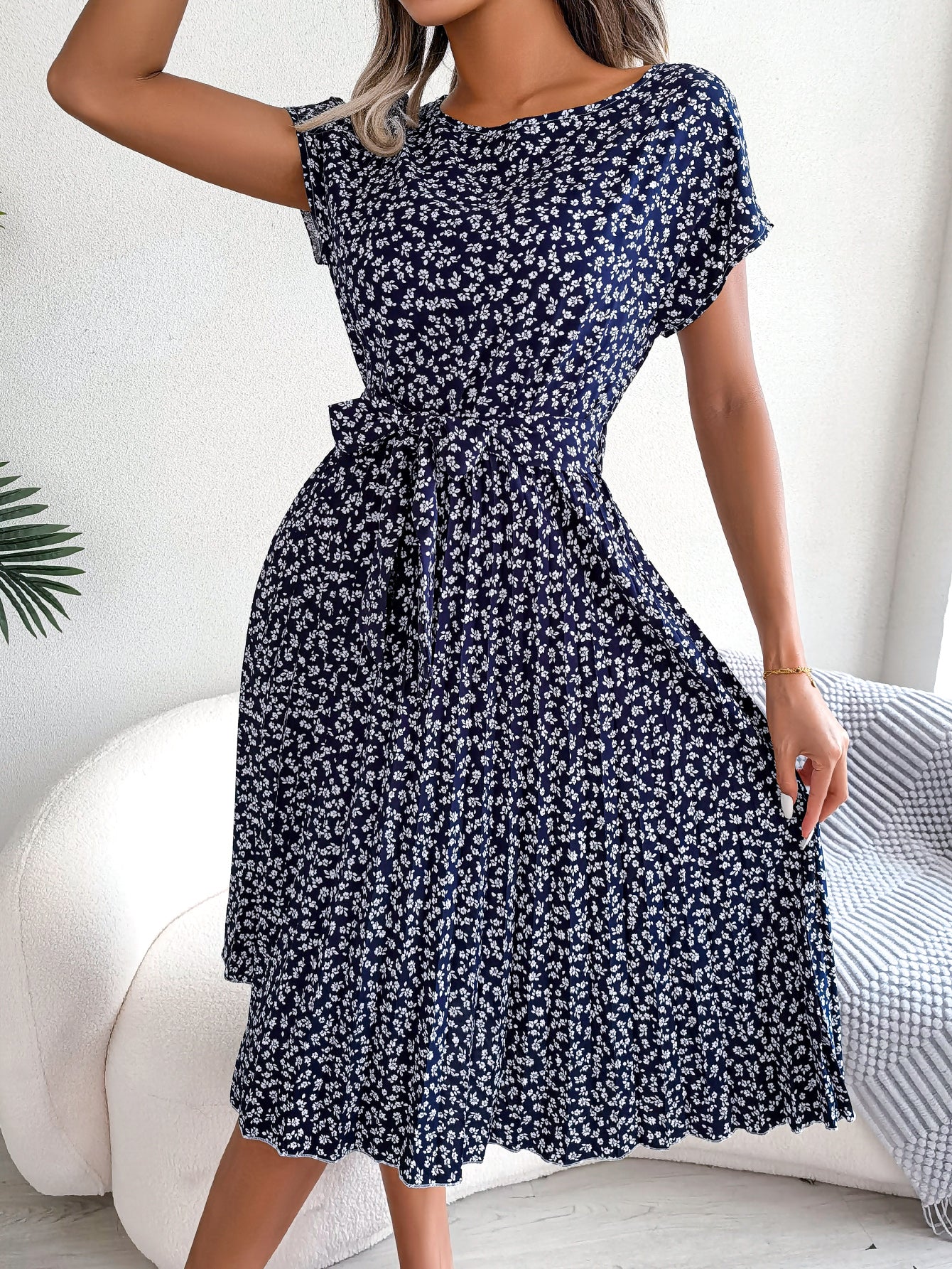 Women   Casual Short Sleeve Floral Print Flowy Pleated Skirt