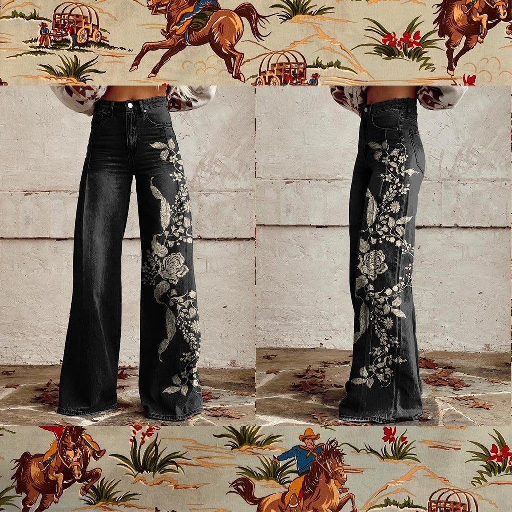 Ausgestellte Jeans, locker sitzende Denimhose mit Retro-Print