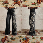 Loose-fit flared denim jeans with retro print, luxury women&