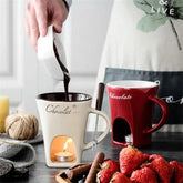 Mini fondue mug set with small pots for chocolate, cheese, or ice cream melting, ideal for dessert serving and melting.